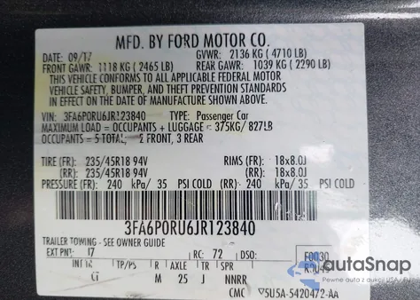 2018 Ford Fusion Hybrid Titanium z USA, uszkodzony, nr VIN 3FA6P0RU6JR123840